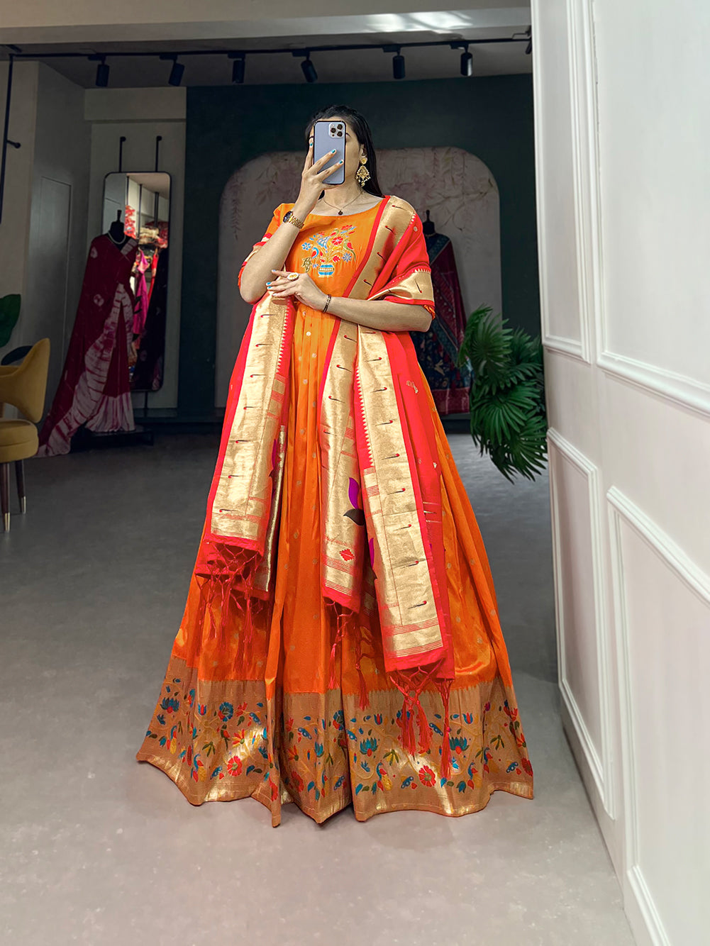 Lorenvalley Orange Jacquard Silk Paithani Woven Design Gown with Dupatta