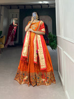 Thumbnail for Lorenvalley Orange Jacquard Silk Paithani Woven Design Gown with Dupatta