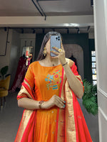 Thumbnail for Lorenvalley Orange Jacquard Silk Paithani Woven Design Gown with Dupatta