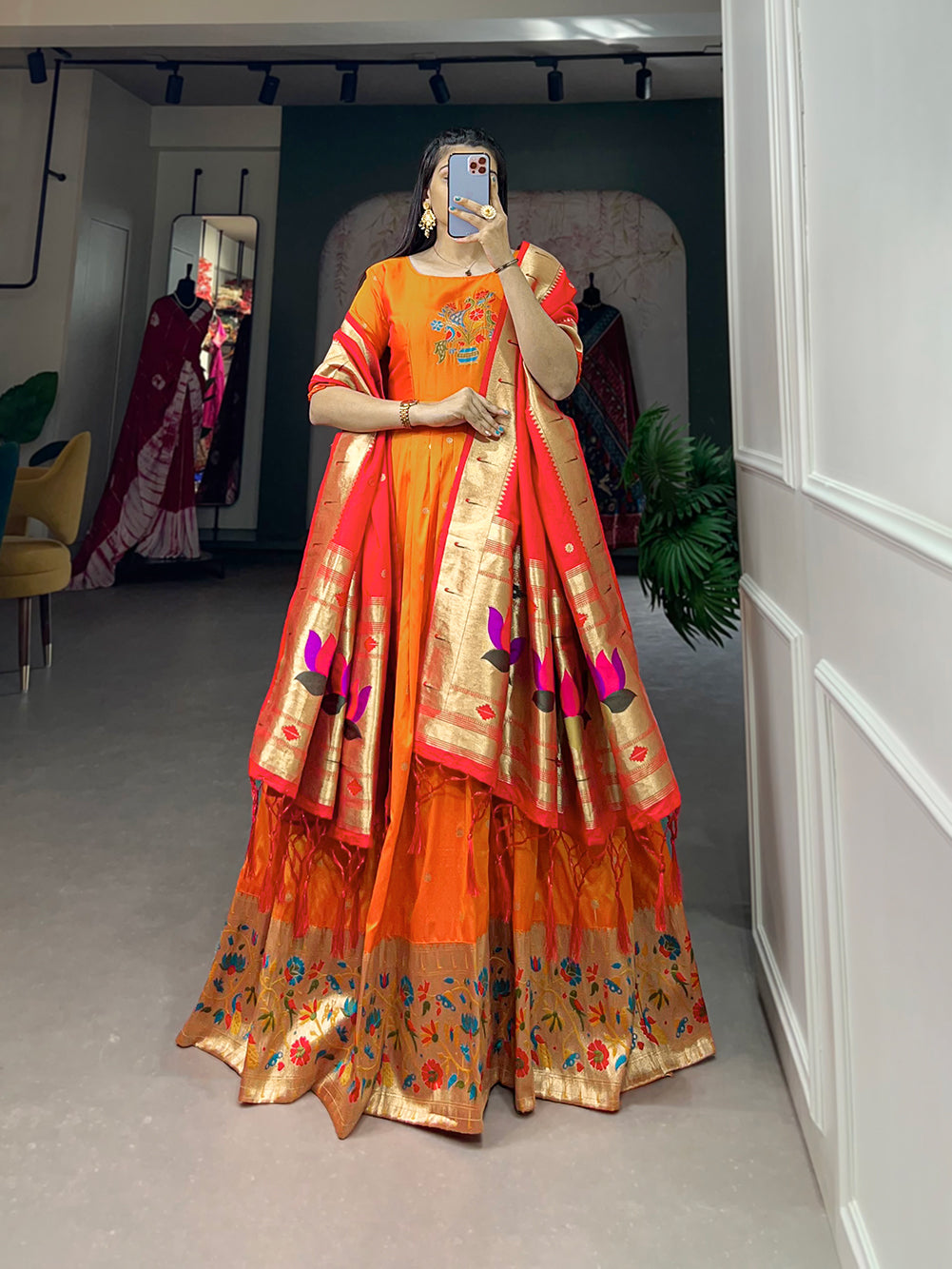 Lorenvalley Orange Jacquard Silk Paithani Woven Design Gown with Dupatta - Distacart