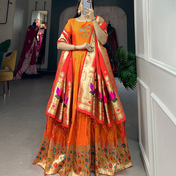Lorenvalley Orange Jacquard Silk Paithani Woven Design Gown with Dupatta - Distacart