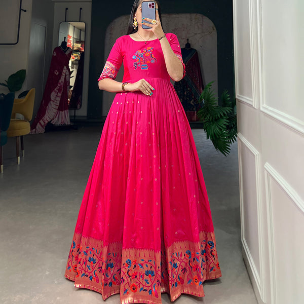Lorenvalley Pink Jacquard Silk Paithani Woven Design Gown - Distacart