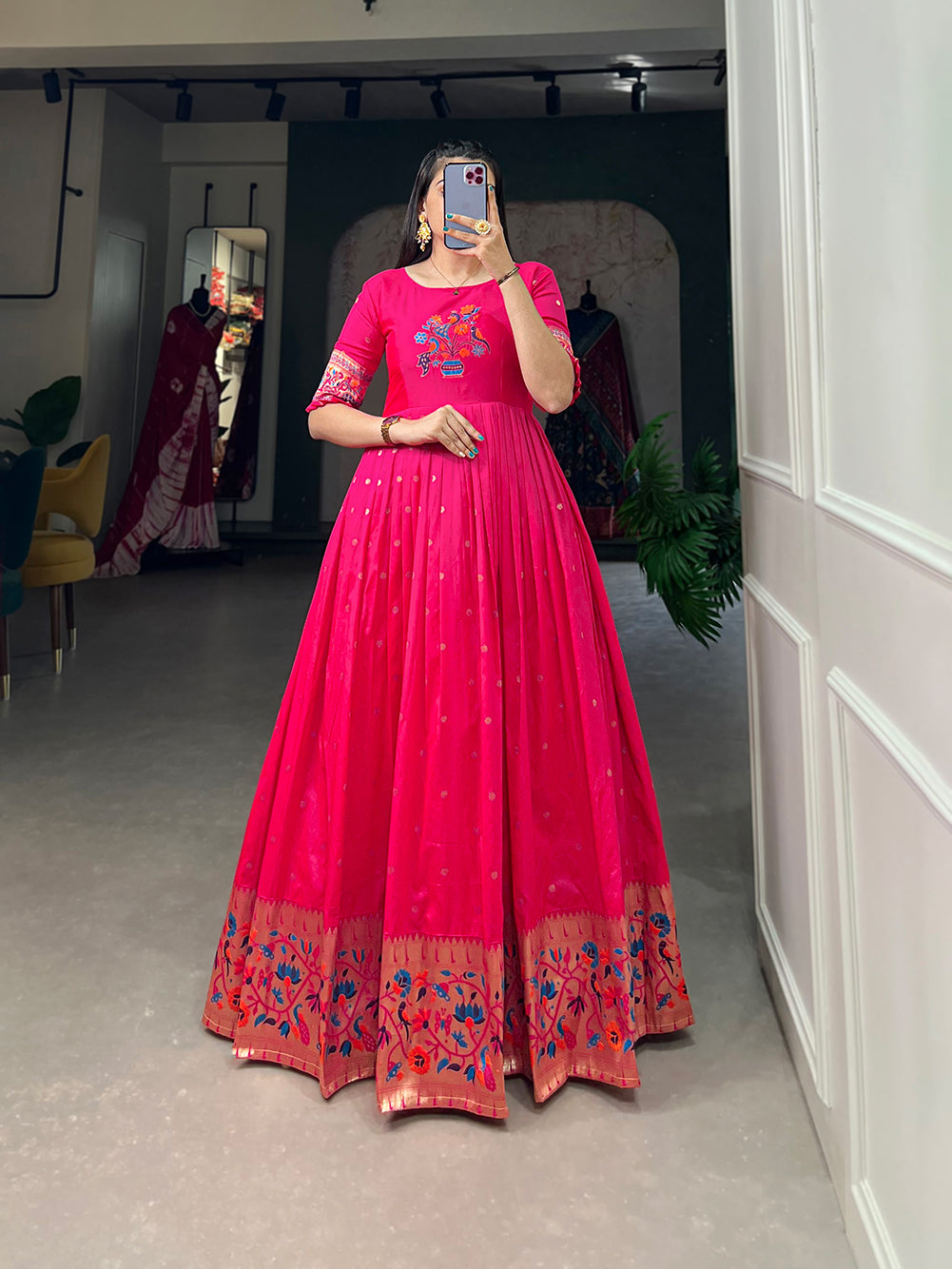 Lorenvalley Pink Jacquard Silk Paithani Woven Design Gown - Distacart