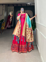Thumbnail for Lorenvalley Pink Jacquard Silk Paithani Woven Design Gown with Dupatta