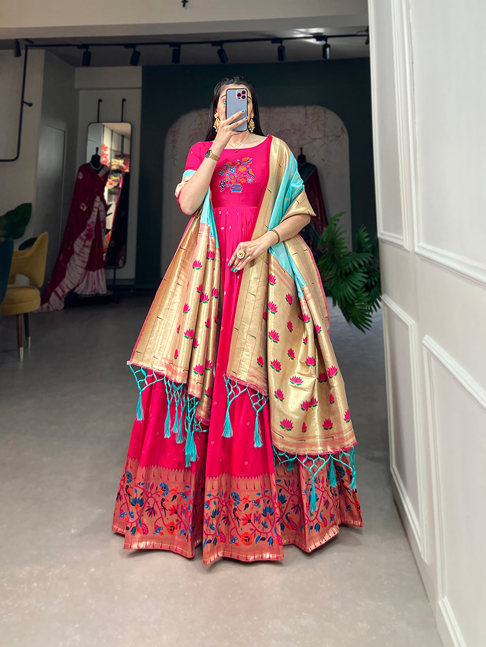 Lorenvalley Pink Jacquard Silk Paithani Woven Design Gown with Dupatta