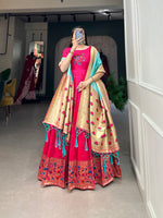 Thumbnail for Lorenvalley Pink Jacquard Silk Paithani Woven Design Gown with Dupatta