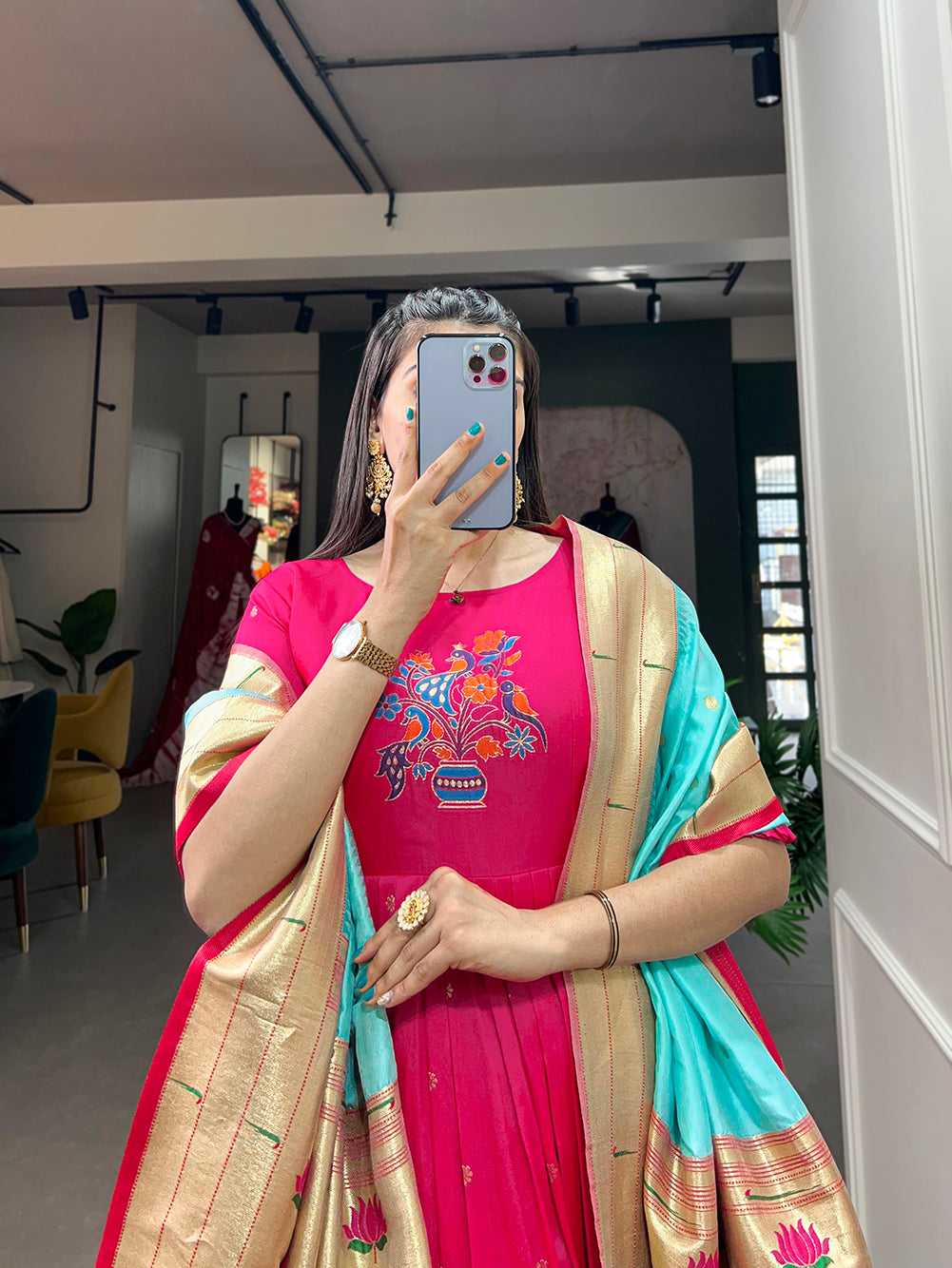 Lorenvalley Pink Jacquard Silk Paithani Woven Design Gown with Dupatta