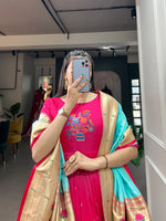 Thumbnail for Lorenvalley Pink Jacquard Silk Paithani Woven Design Gown with Dupatta