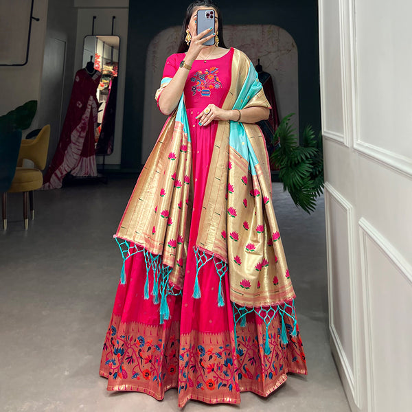 Lorenvalley Pink Jacquard Silk Paithani Woven Design Gown with Dupatta - Distacart