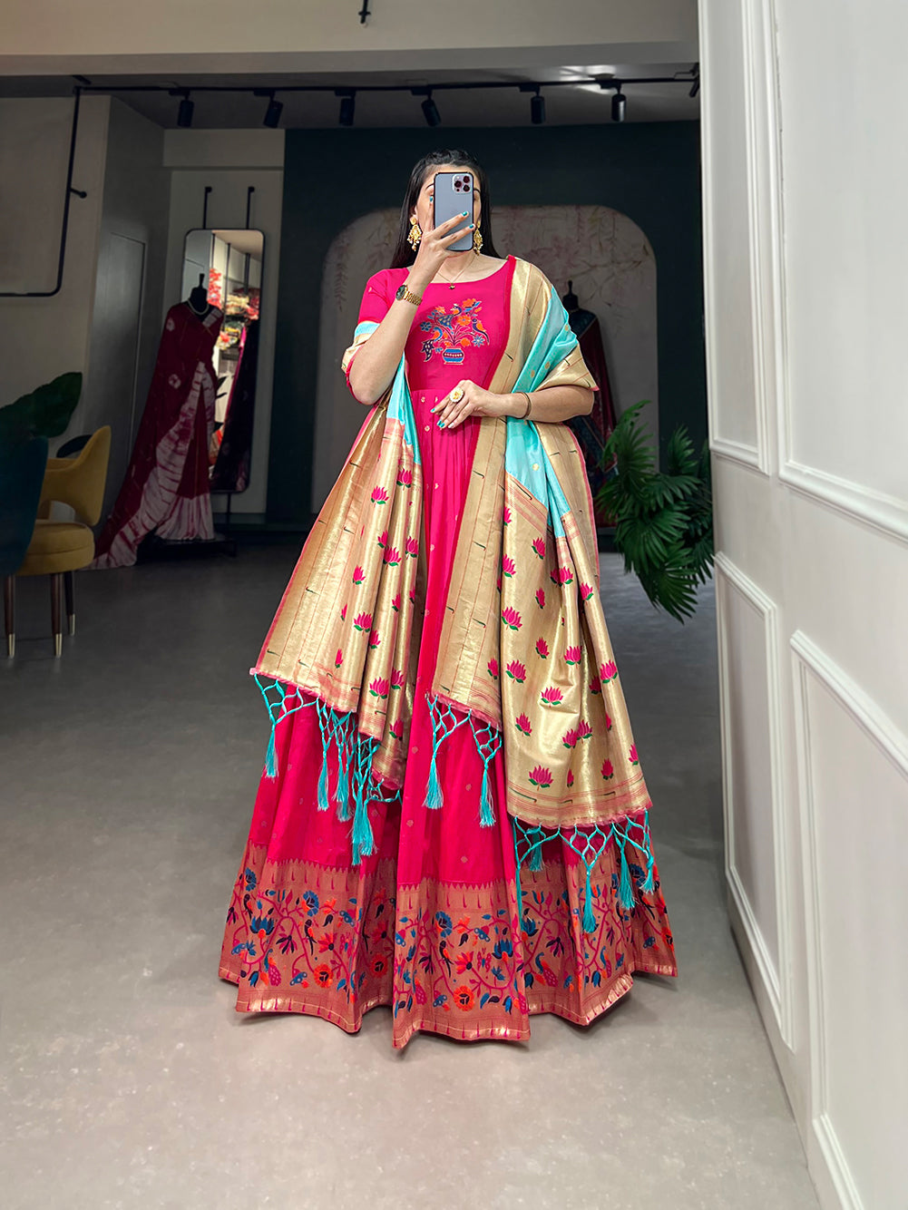 Lorenvalley Pink Jacquard Silk Paithani Woven Design Gown with Dupatta - Distacart