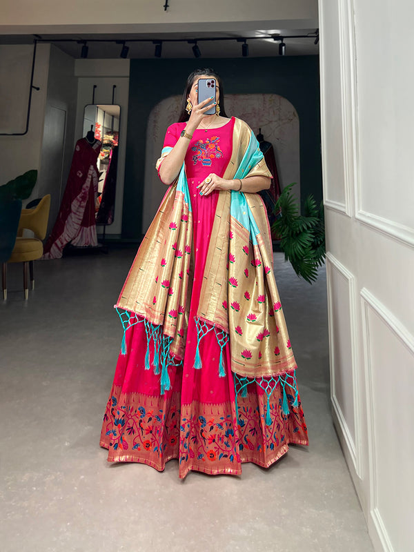 Lorenvalley Pink Jacquard Silk Paithani Woven Design Gown with Dupatta