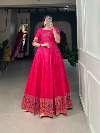 Lorenvalley Pink Jacquard Silk Paithani Woven Design Gown - Distacart