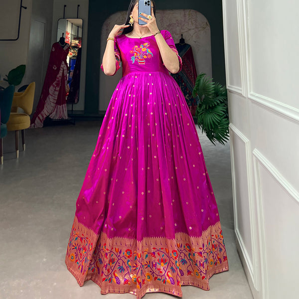 Lorenvalley Purple Jacquard Silk Paithani Woven Design Gown - Distacart