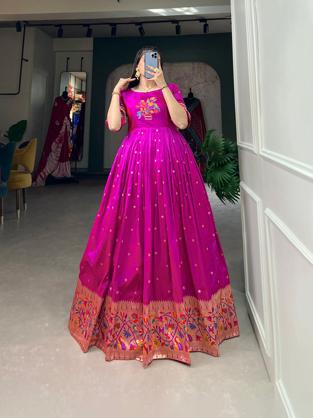 Lorenvalley Purple Jacquard Silk Paithani Woven Design Gown - Distacart