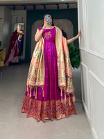 Thumbnail for Lorenvalley Purple Jacquard Silk Paithani Woven Design Gown with Dupatta