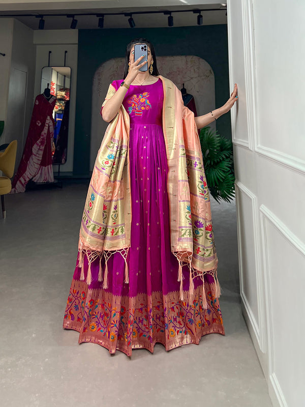 Lorenvalley Purple Jacquard Silk Paithani Woven Design Gown with Dupatta