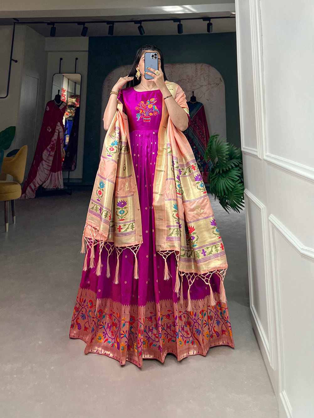 Lorenvalley Purple Jacquard Silk Paithani Woven Design Gown with Dupatta