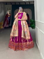 Thumbnail for Lorenvalley Purple Jacquard Silk Paithani Woven Design Gown with Dupatta