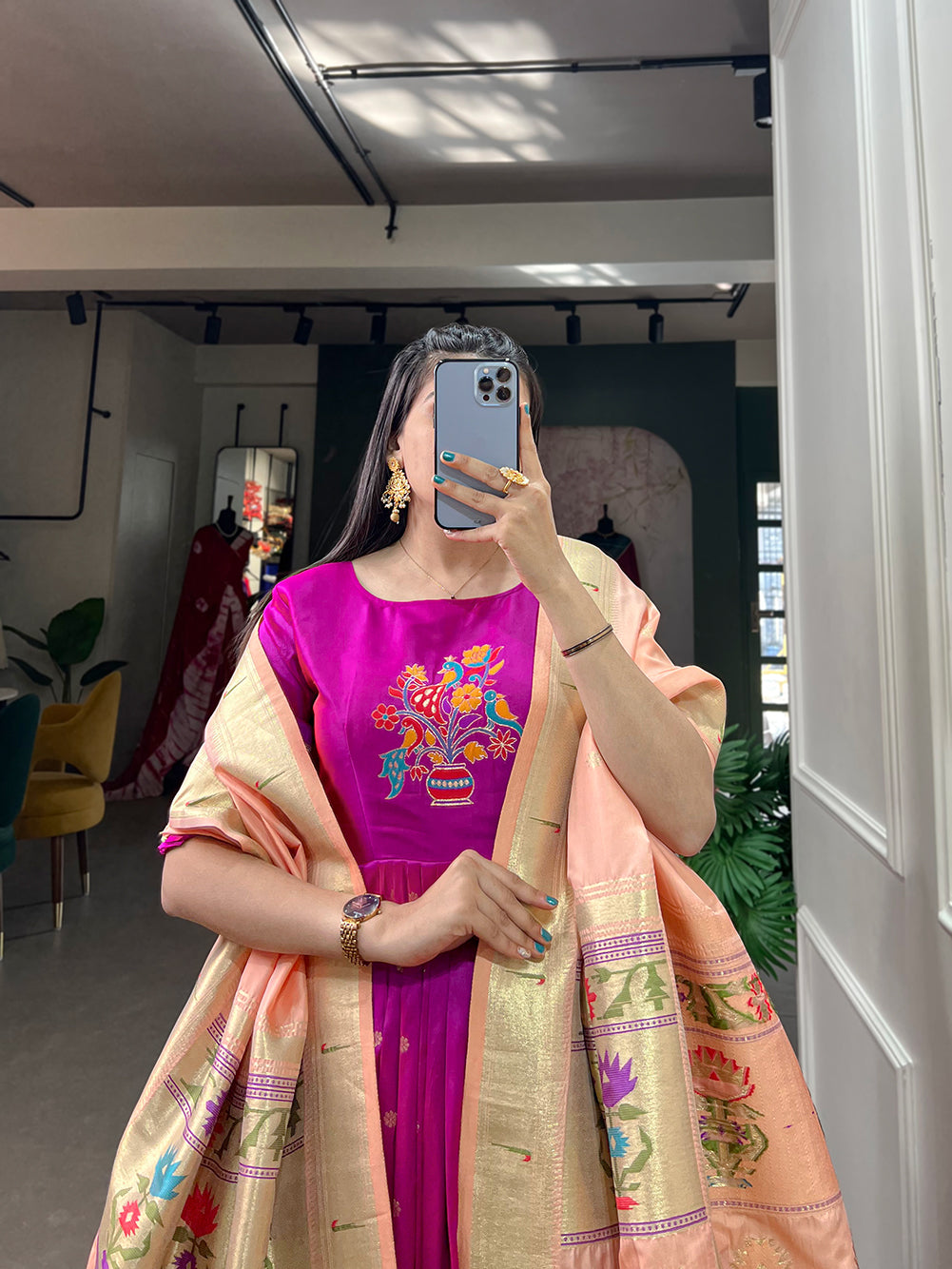 Lorenvalley Purple Jacquard Silk Paithani Woven Design Gown with Dupatta