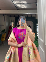 Thumbnail for Lorenvalley Purple Jacquard Silk Paithani Woven Design Gown with Dupatta