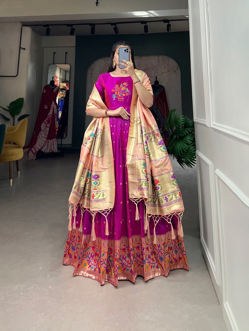Lorenvalley Purple Jacquard Silk Paithani Woven Design Gown with Dupatta - Distacart