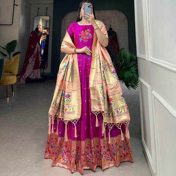 Lorenvalley Purple Jacquard Silk Paithani Woven Design Gown with Dupatta - Distacart