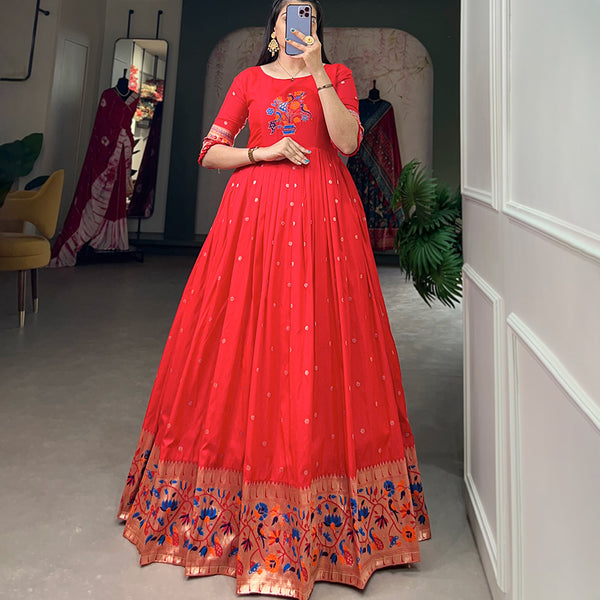 Lorenvalley Red Jacquard Silk Paithani Woven Design Gown - Distacart