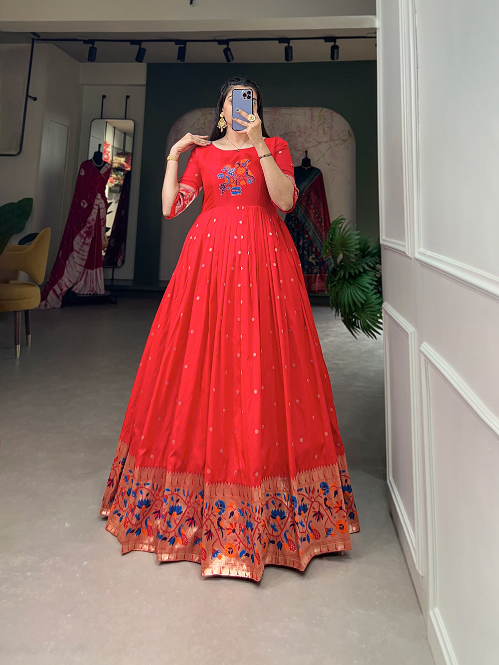Lorenvalley Red Jacquard Silk Paithani Woven Design Gown - Distacart