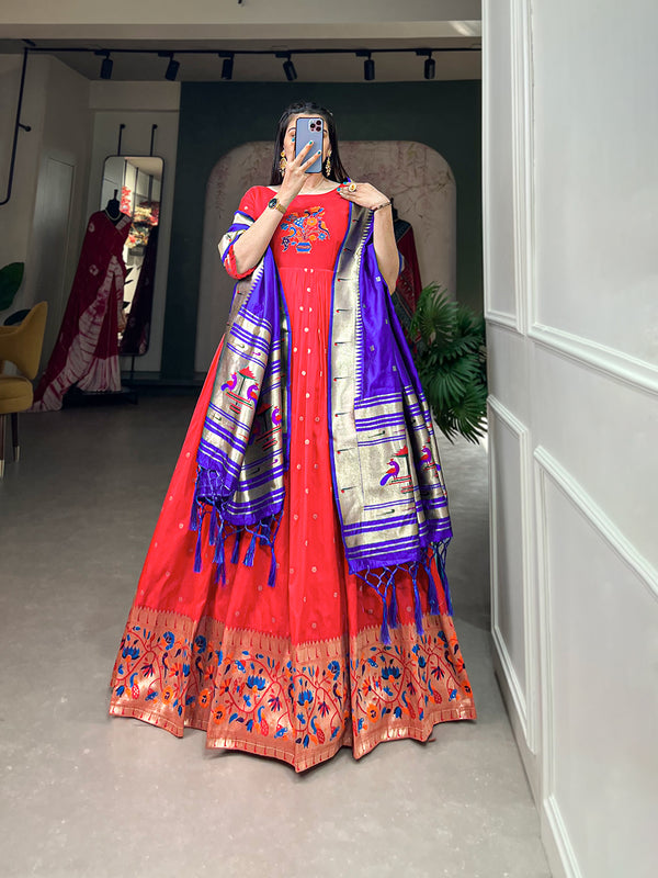 Lorenvalley Red Jacquard Silk Paithani Woven Design Gown with Dupatta