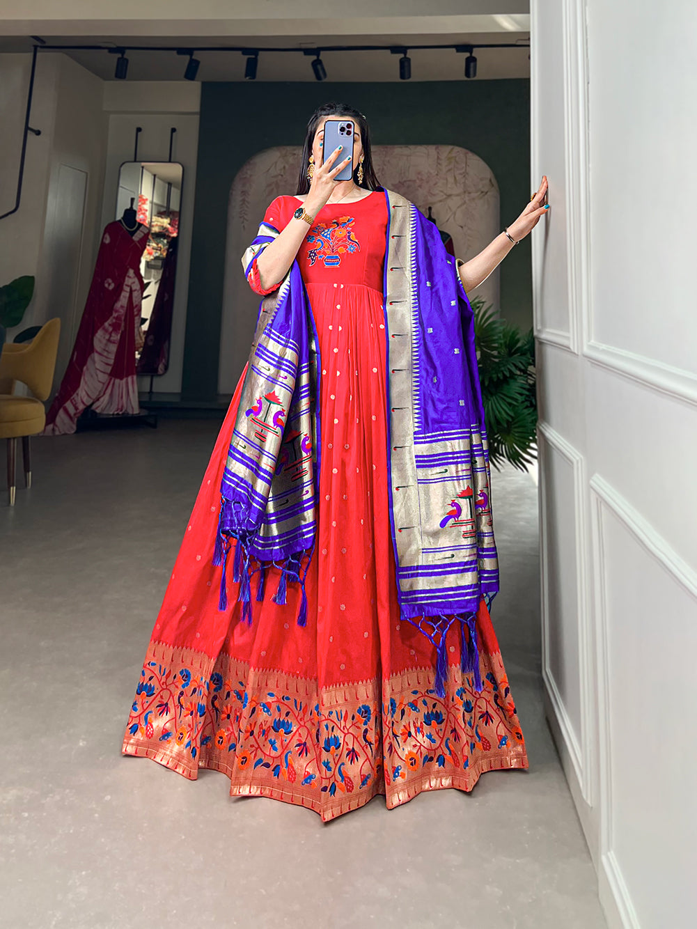 Lorenvalley Red Jacquard Silk Paithani Woven Design Gown with Dupatta