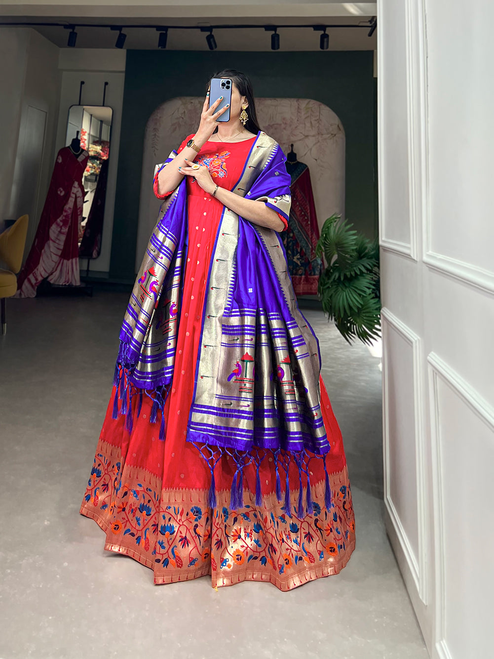 Lorenvalley Red Jacquard Silk Paithani Woven Design Gown with Dupatta