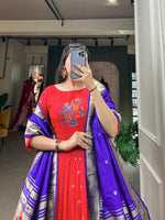 Thumbnail for Lorenvalley Red Jacquard Silk Paithani Woven Design Gown with Dupatta