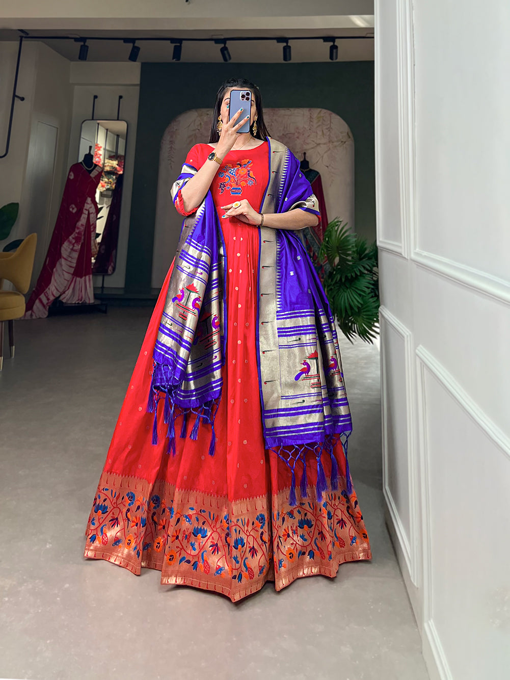 Lorenvalley Red Jacquard Silk Paithani Woven Design Gown with Dupatta - Distacart