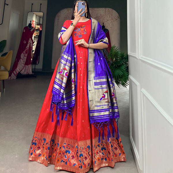 Lorenvalley Red Jacquard Silk Paithani Woven Design Gown with Dupatta - Distacart