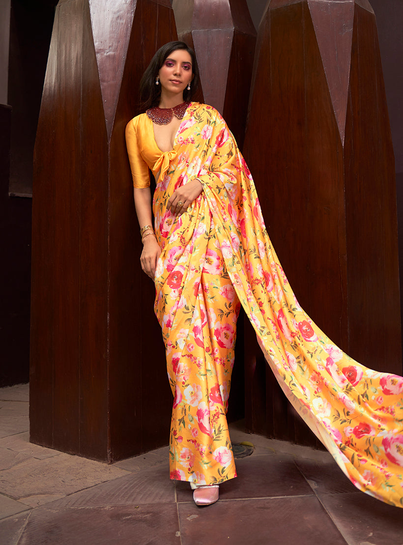 Monjolika Fashion Crepe Satin Digital Print Yellow Trendy Saree