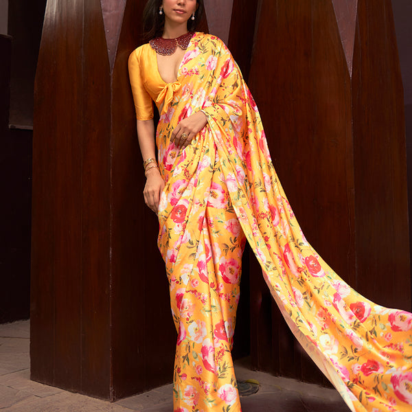Monjolika Fashion Crepe Satin Digital Print Yellow Trendy Saree - Distacart