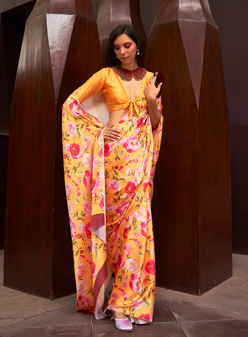 Monjolika Fashion Crepe Satin Digital Print Yellow Trendy Saree