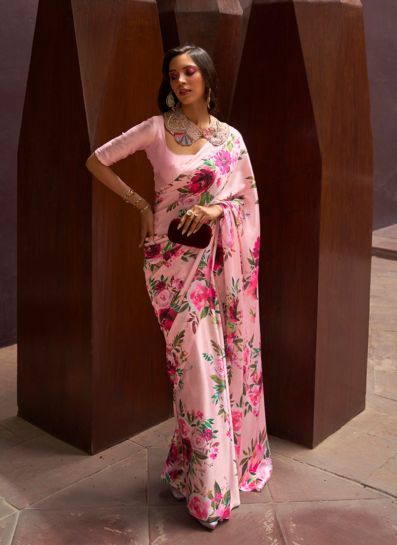 Monjolika Fashion Crepe Satin Digital Print Contemporary Saree In Light Pink Colour