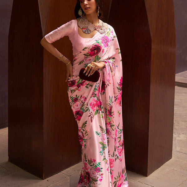 Monjolika Fashion Crepe Satin Digital Print Contemporary Saree In Light Pink Colour - Distacart