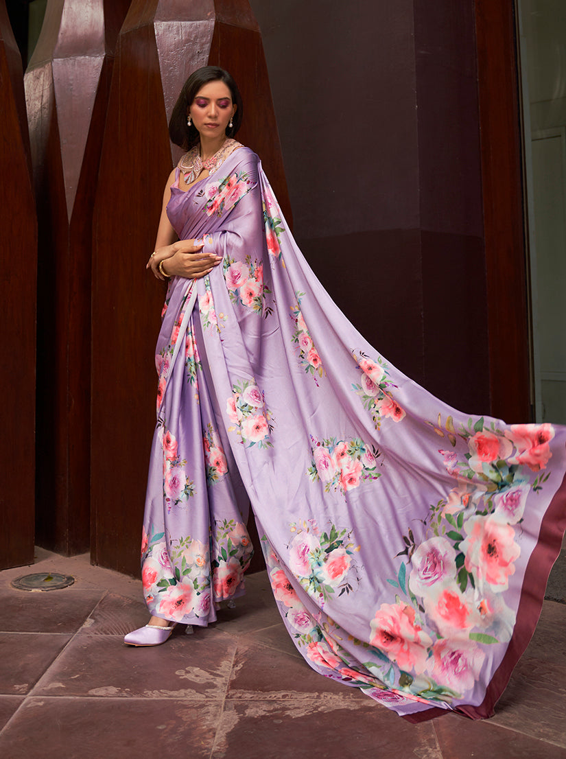 Monjolika Fashion Crepe Satin Digital Print Lavender Trendy Saree