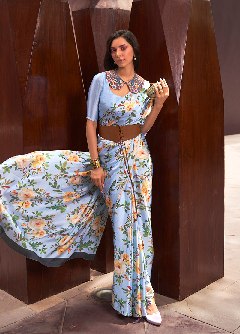 Monjolika Fashion Crepe Satin Digital Print Light Blue Casual Trendy Saree