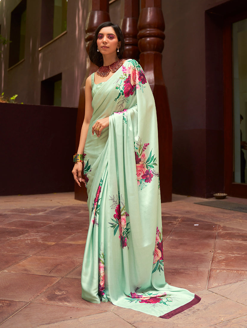 Monjolika Fashion Crepe Satin Digital Print Light Green Trendy Saree