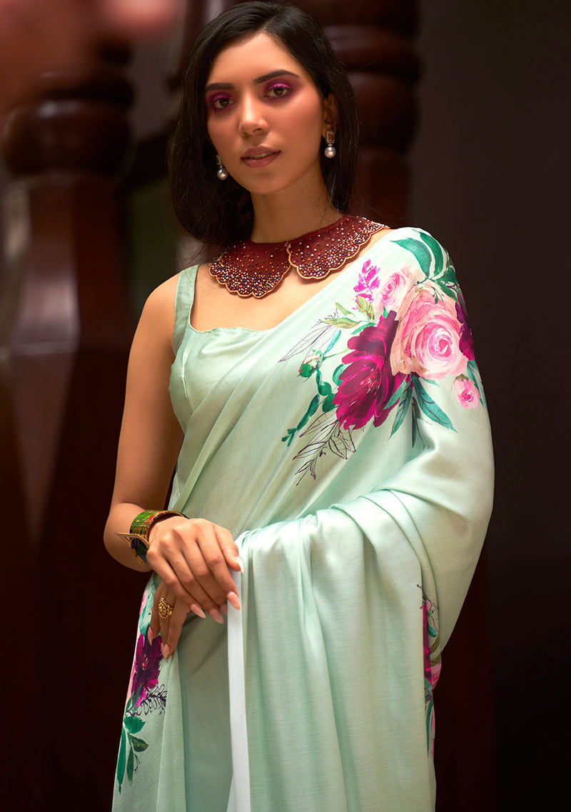 Monjolika Fashion Crepe Satin Digital Print Light Green Trendy Saree