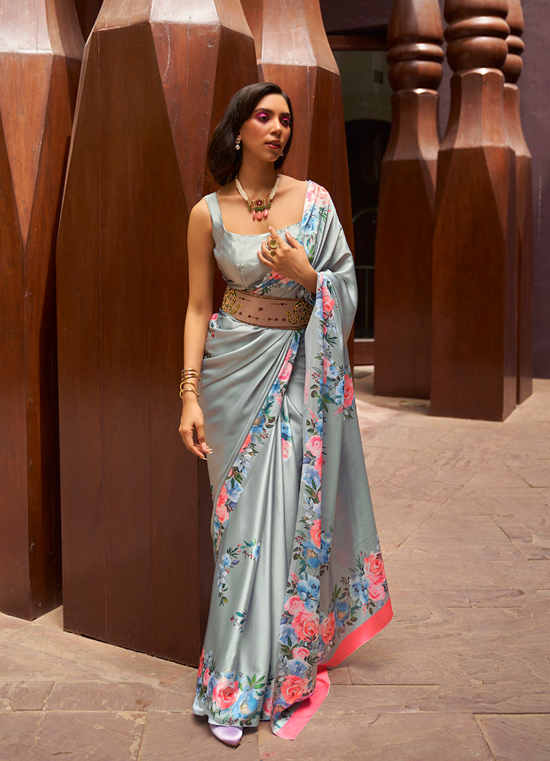 Monjolika Fashion Crepe Satin Digital Print Light Grey Trendy Saree