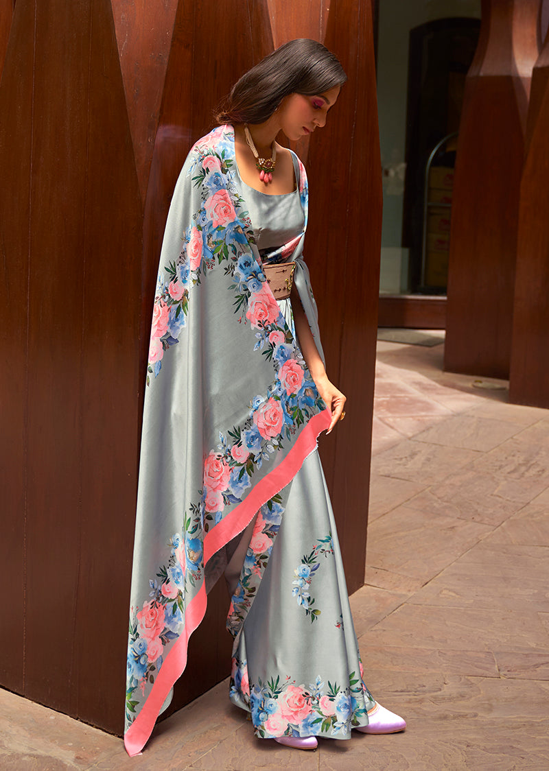 Monjolika Fashion Crepe Satin Digital Print Light Grey Trendy Saree