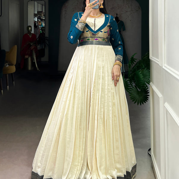 Lorenvalley Fashion Off White Vichitra Silk Zari Weaving Work With Lace Touch Up Gown - Distacart
