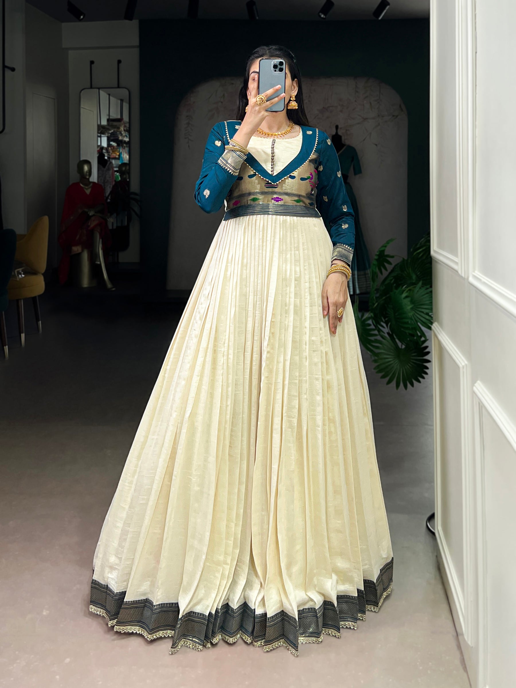 Lorenvalley Fashion Off White Vichitra Silk Zari Weaving Work With Lace Touch Up Gown - Distacart