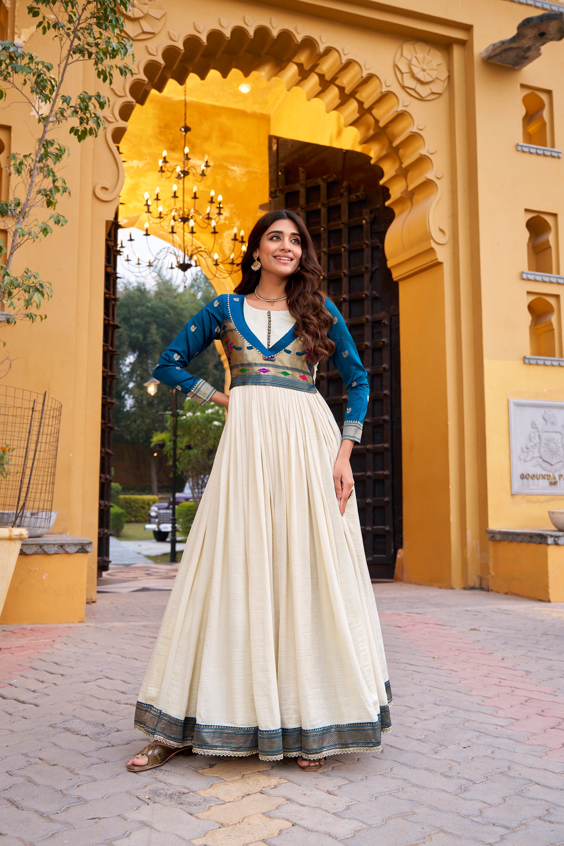 Lorenvalley Fashion Offwhite Vichitra Silk Zari Weaving Work With Lace Touch Up Long Dress - Distacart