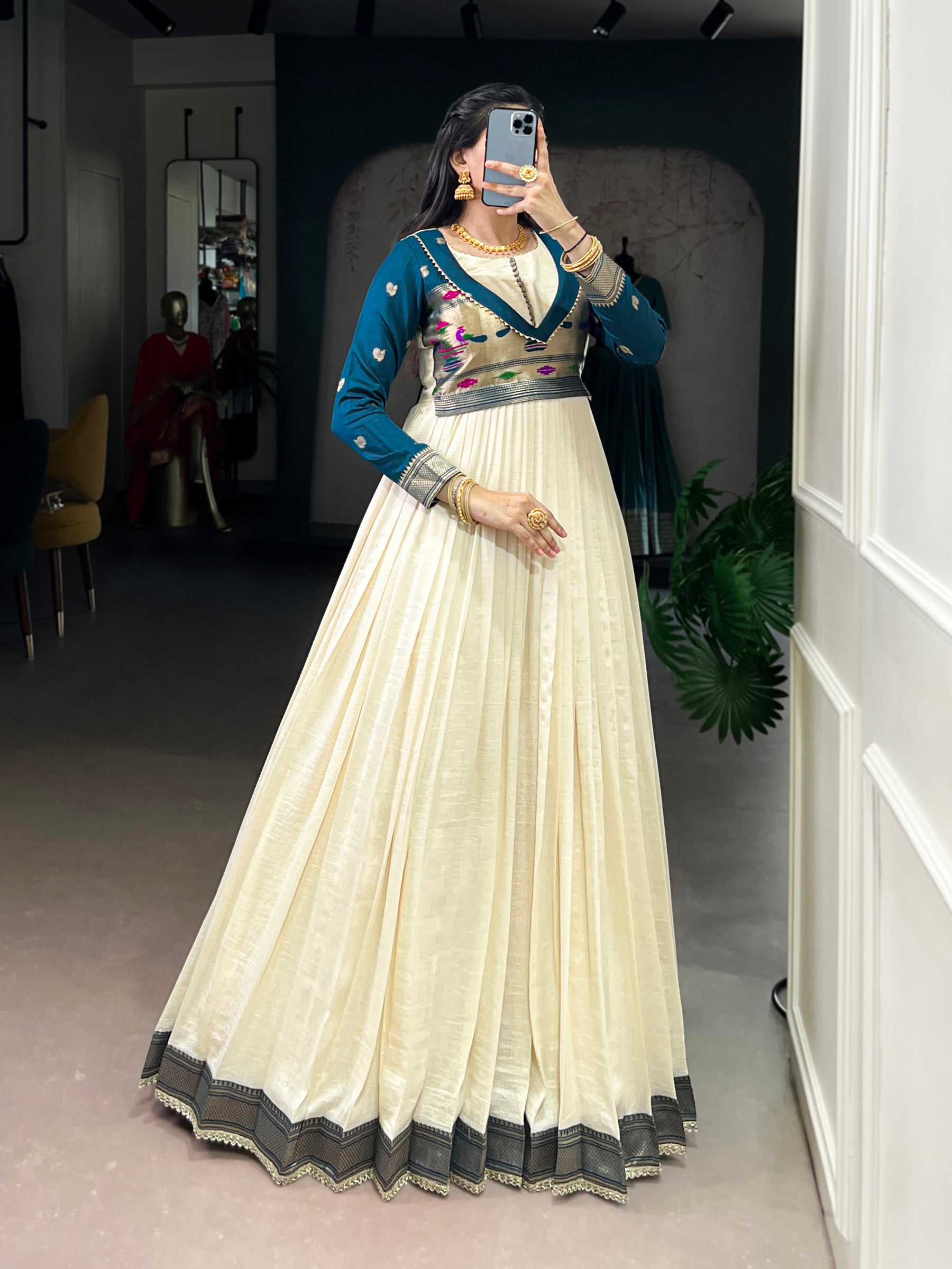Lorenvalley Fashion Off White Vichitra Silk Zari Weaving Work With Lace Touch Up Gown - Distacart