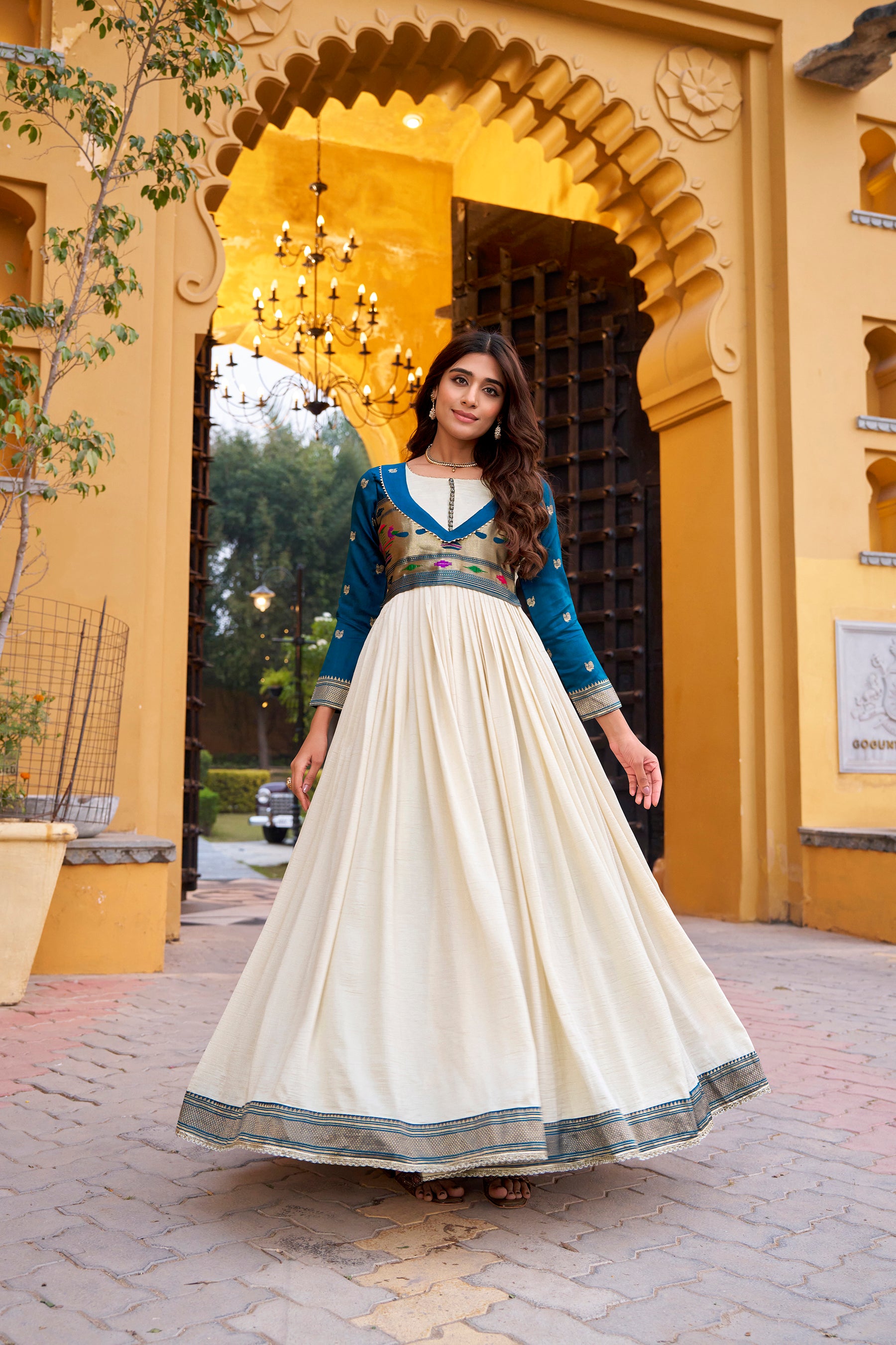 Lorenvalley Fashion Offwhite Vichitra Silk Zari Weaving Work With Lace Touch Up Long Dress - Distacart